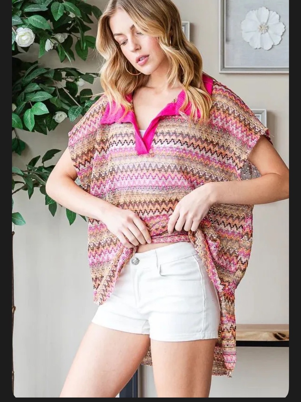 Oli & Hali Pink Multicolor Zigzag Knit Top